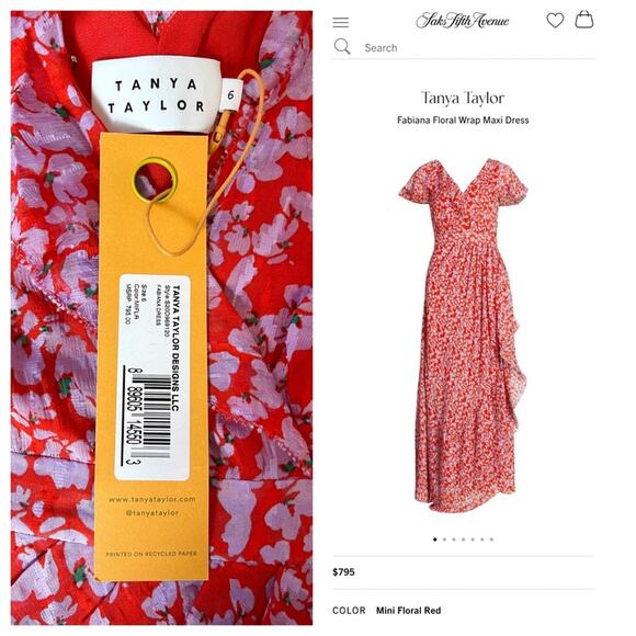 $795 TANYA TAYLOR NWT Designer Silk Boho Red Purple Floral Maxi Dress — Size 6 - Picture 13 of 15